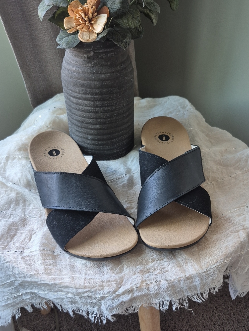 Slides 8.5 Black Faux Suede W/Black Faux  Leather. Criss-cross Staps Adjustable
